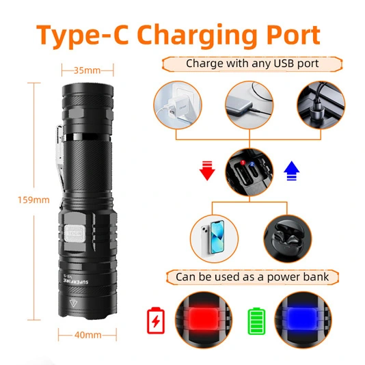 SUPERFIRE V8-S 2000 Lumens Tactique Lampe de Poche Rechargeable