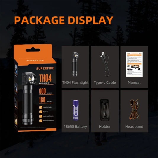 SUPERFIRE TH04 18650 à angle droit lampe de poche rechargeable lampe de poche 90 degrés