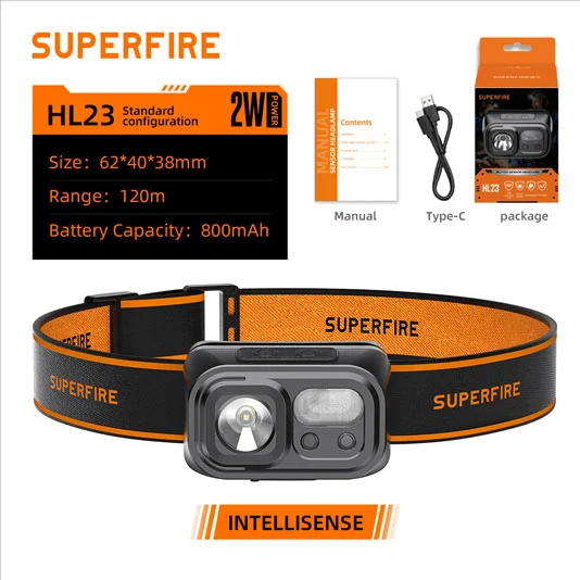 SUPERFIRE HL23/HL23-A/HL23-S USB Rechargeable LED Capteur Lampe frontale