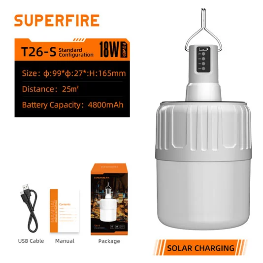 SUPERFIRE T26-S solaire rechargeable LED camping lanterne lumière